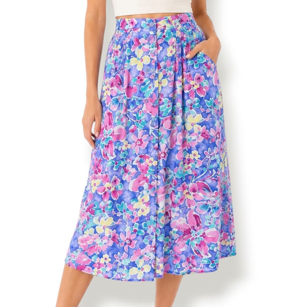 Vintage Watercolor Floral‎ Flowing Midi Skirt Button Front Romantic Feminine